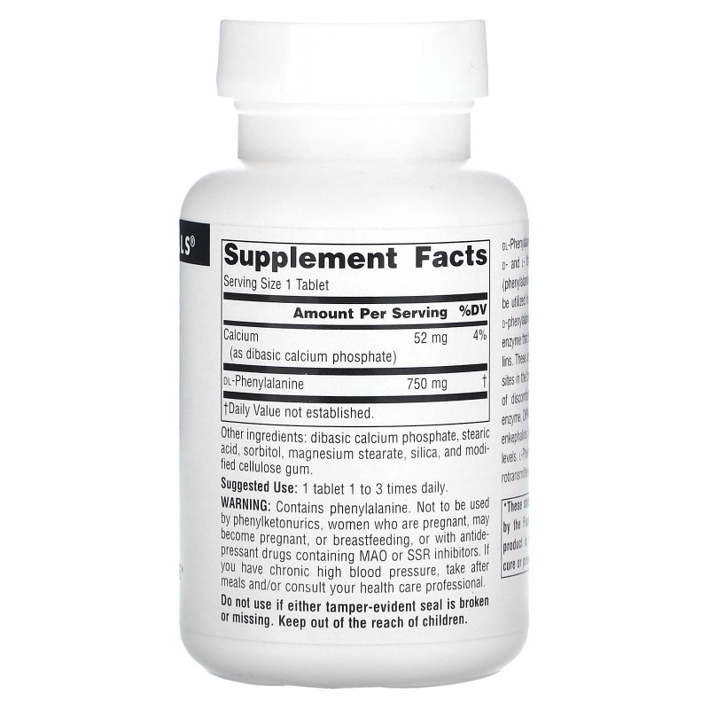 Source Naturals, Аминокислотная добавка DL-Фенилаланин (DLPA), 750 мг, 60 таблеток