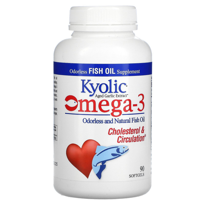 Kyolic, Омега-3, выдержанный экстракт чеснока, улучшение холестеринового баланса и кровообращения, 90 мягких капсул