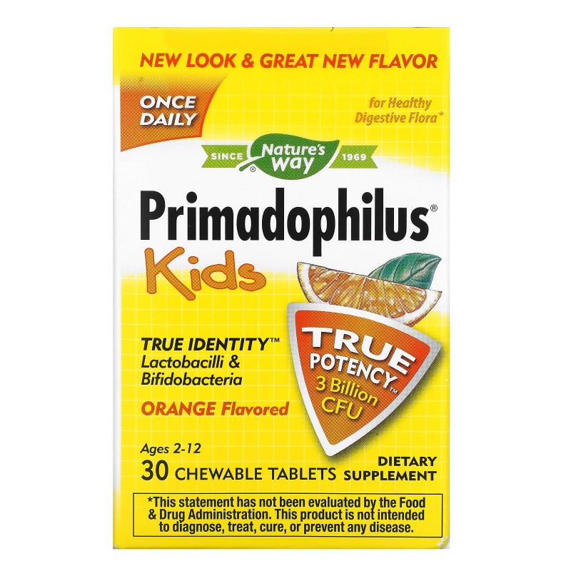 Nature's Way, Primadophilus, детский, апельсиновый, 3 млрд КОЕ, 30 жевательных таблеток