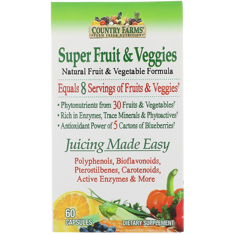 Country Farms, Суперфрукт и овощи, формула с натуральными фруктами и овощами, 60 капсул