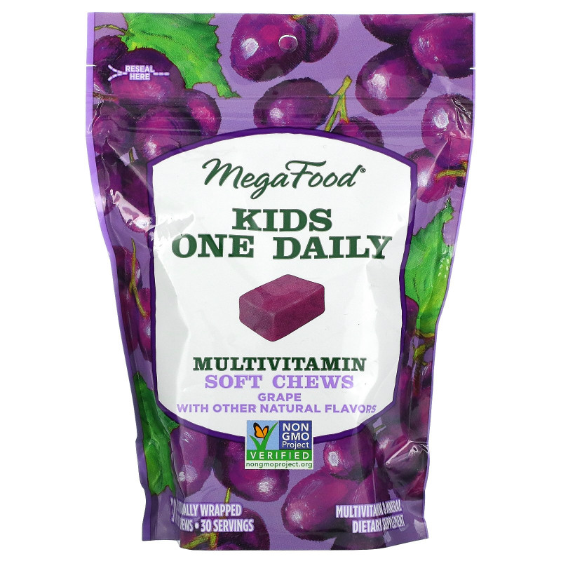 MegaFood, Kids Multivitamin Soft Chews, Grape, 30 Individually Wrapped Soft Chews