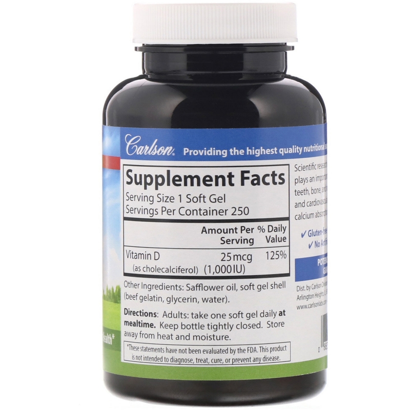 Carlson Labs, Витамин D3, 1000 МЕ (25 мкг), 250 мягких таблеток