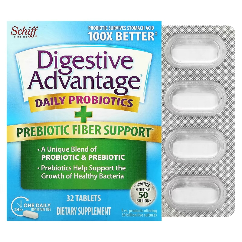 Schiff, Digestive Advantage, пребиотическая клетчатка и ежедневный пробиотик, 32 таблетки
