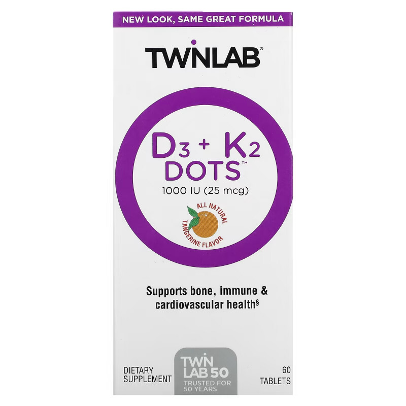 Twinlab, D3 Dots + K2, All-Natural Tangerine, 1000 IU (25 mcg) , 60 Tablets