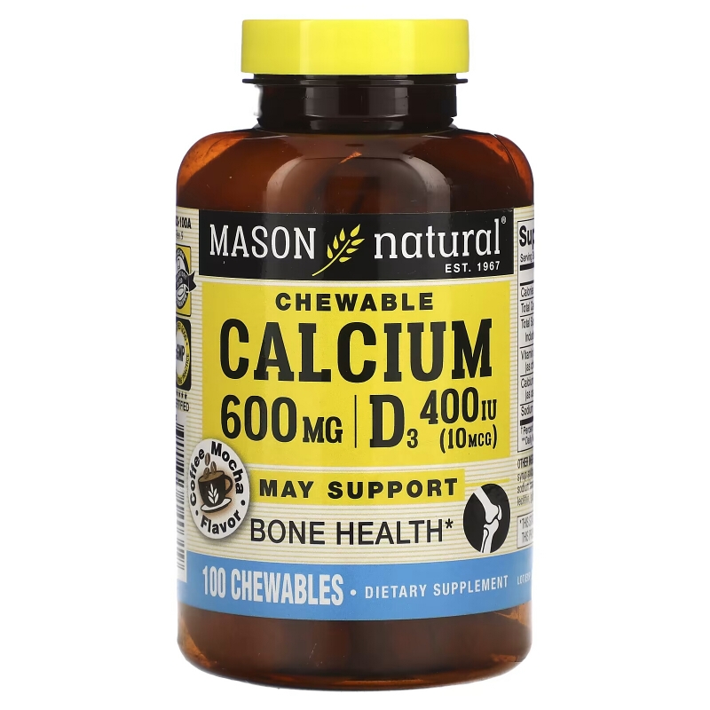 Mason Natural Супер кальций 600 + D3 жевательные таблетки со вкусом кофе мокко 100 жевательных таблеток