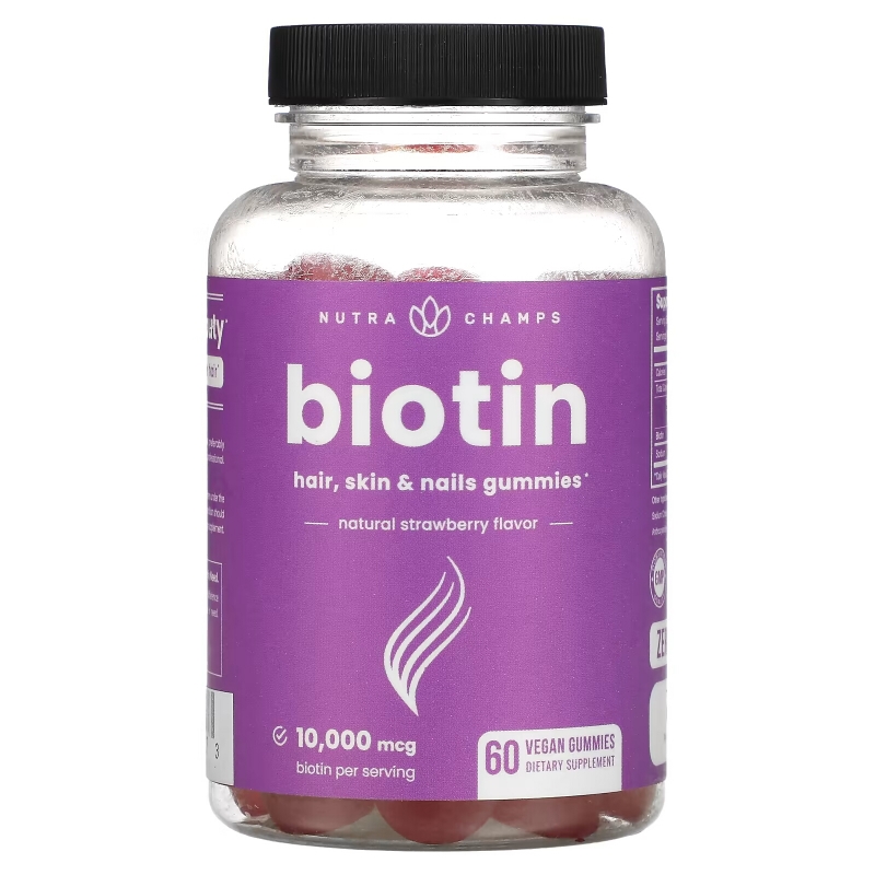 NutraChamps, Biotin Gummies, Natural Strawberry, 5,000 mcg, 60 Vegan Gummies