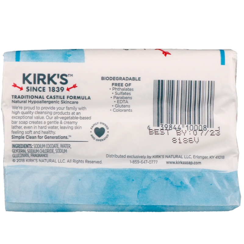 Kirk's Настоящее брусковое кастильское мыло с кокосом 3 бруска по  4 унции (113 г)