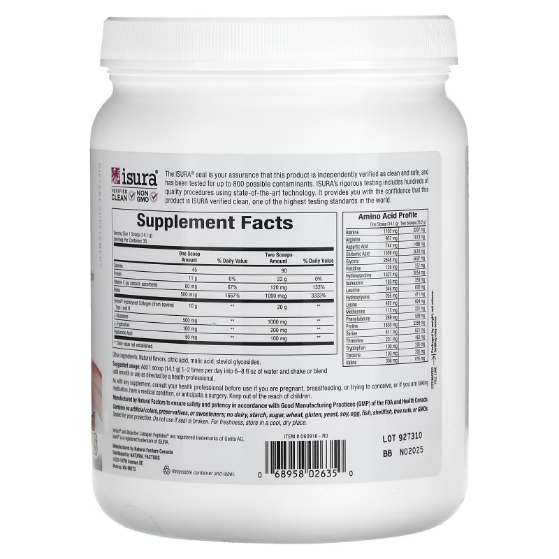 Natural Factors, Total Body Collagen, Bioactive Peptides, Pomegranate, 100 mg, 1 lb 1 oz (500 g)