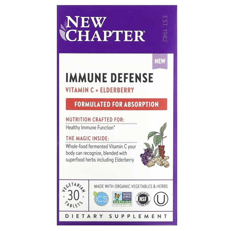 New Chapter, Immune Defense, Vitamin C + Elderberry, 30 Vegetarian Tablets