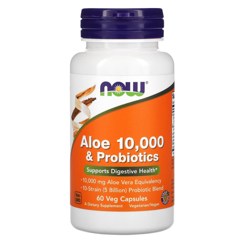Now Foods Алоэ 10000 мг и Пробиотики 60 вегетарианских капсул
