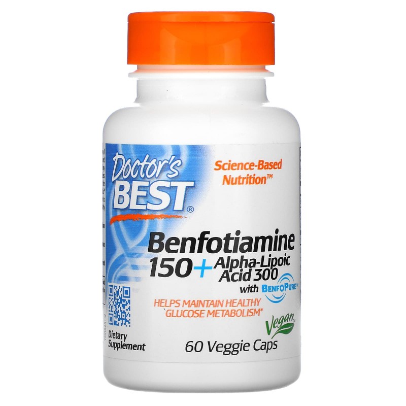 Doctor's Best, Best Benfotiamine 150 + альфа-липоевая кислота 300, 60 растительных капсул