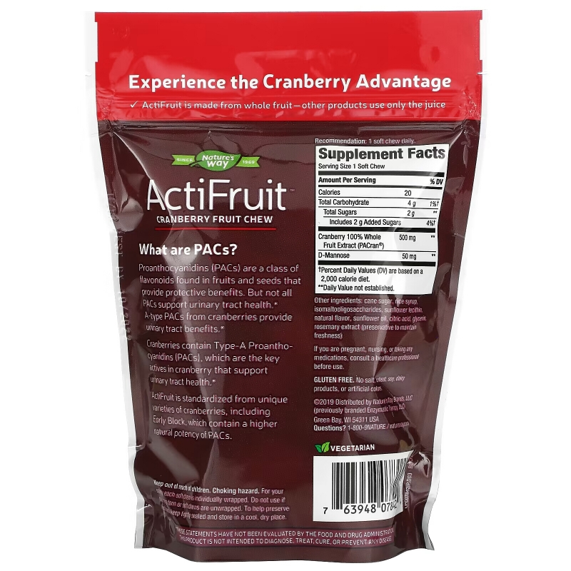 Enzymatic Therapy ActiFruit, Пищевая добавка на основе клюквы в жевательных капсулах, для Здоровья Мочевыводящих Путей, 20 жевательных конфет