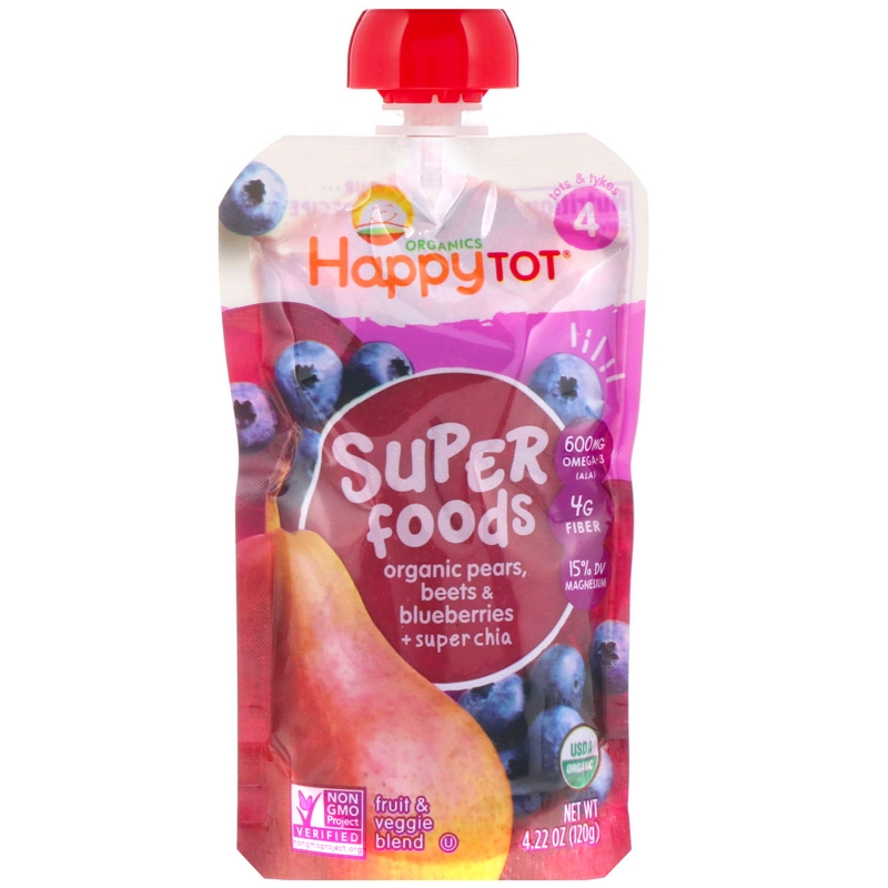 Nurture Inc. (Happy Baby), Happy Tot, Fruit & Veggie Blend, Organic Pears, Blueberries & Beets + Super Chia, Stage 4, 4 Pack - 4.22 oz (120 g) Each