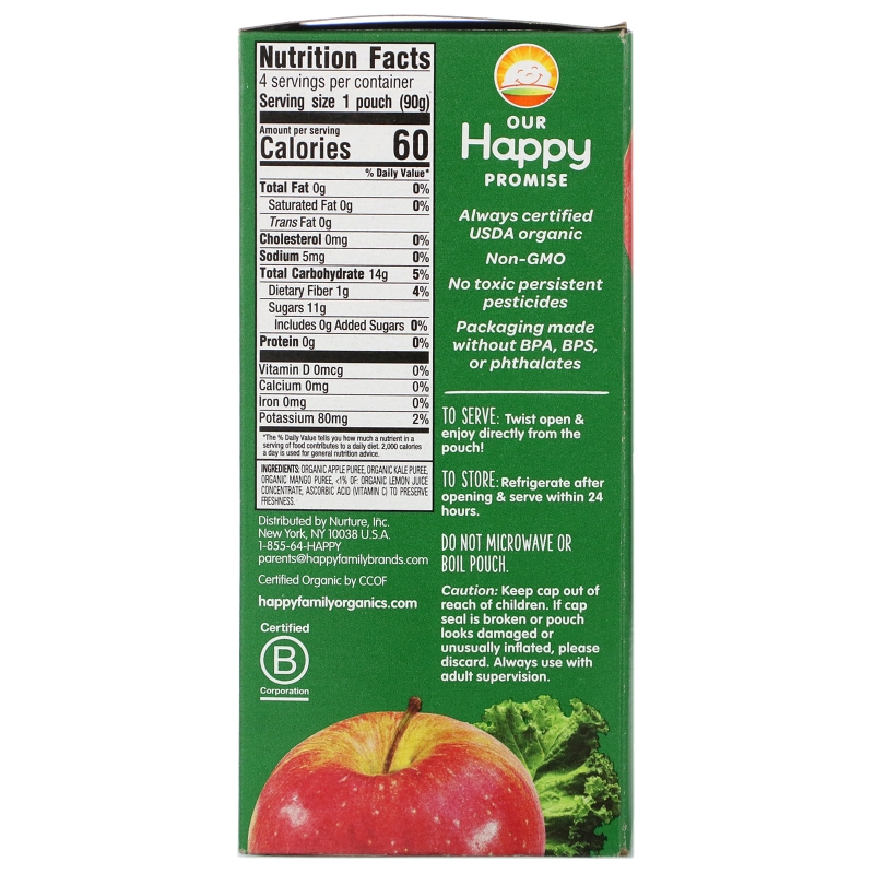 Nurture Inc. (Happy Baby), Happy Squeeze, Organic Superfoods, Twist, Organic Apple, Kale & Mango, 4 Pouches, 3.17 oz (90 g) Each