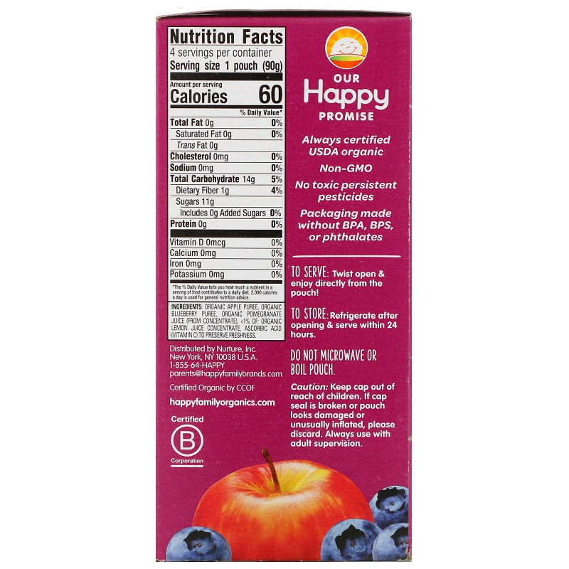 Nurture Inc. (Happy Baby), HappySqueeze, Super Organic, Apple Blueberry & Pomegranate, 4 Pouch, 3.17 oz (90 g)