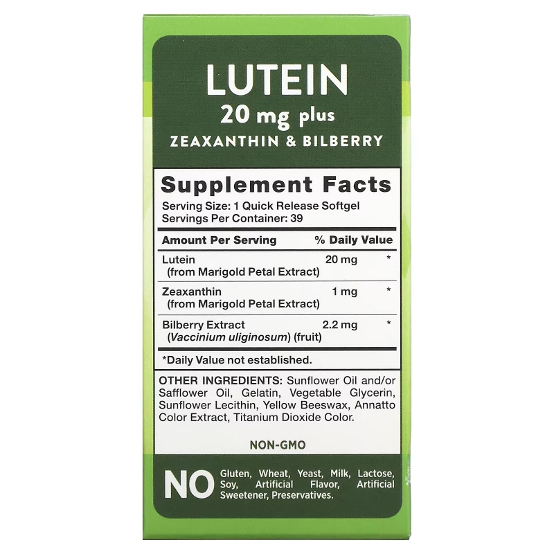 Nature's Truth, Lutein plus Zeaxanthin & Bilberry, 20 mg, 39 Quick Release Softgels