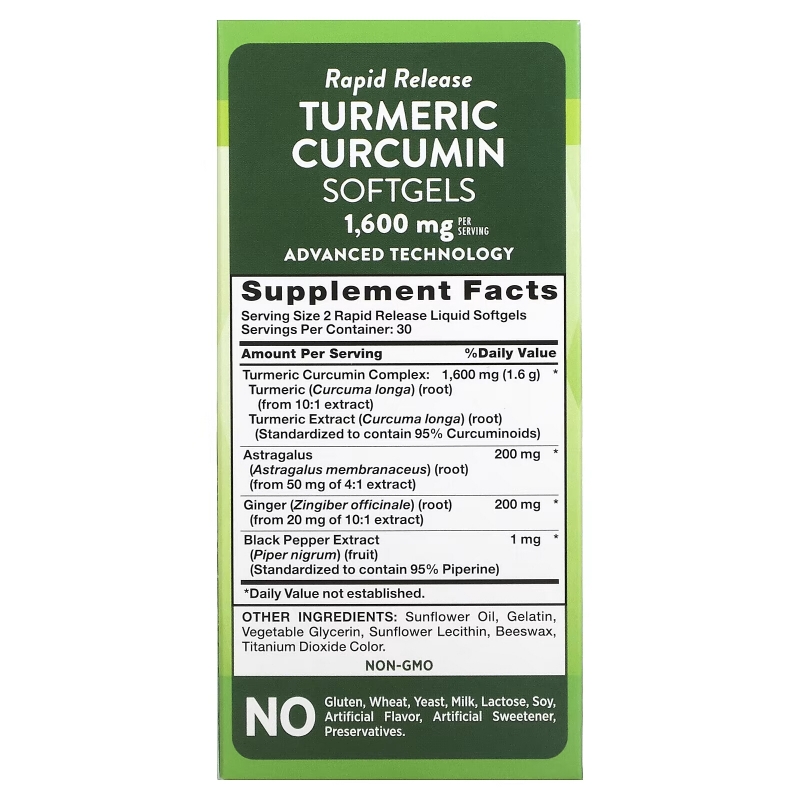 Nature's Truth, Turmeric Curcumin plus Ginger, Astragalus and Black Pepper Extract, 800 mg, 60 Rapid Release Liquid Softgels