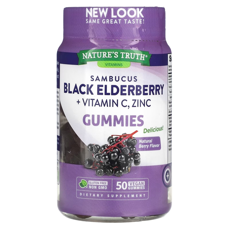 Nature's Truth, Sambucus Black Elderberry Plus Vitamin C, Zinc, Natural Berry, 50 Vegan Gummies