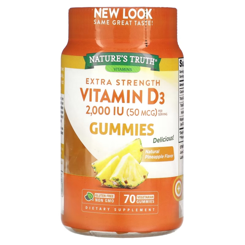 Nature's Truth, Extra Strength, витамин D3, натуральный ананас, 50 мкг (2000 МЕ), 70 вегетарианских жевательных таблеток