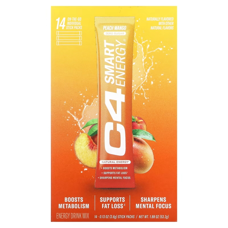 Cellucor, C4 Smart Energy Drink Mix, Peach Mango, 14 Sticks, 0.13 oz (3.8 g) Each