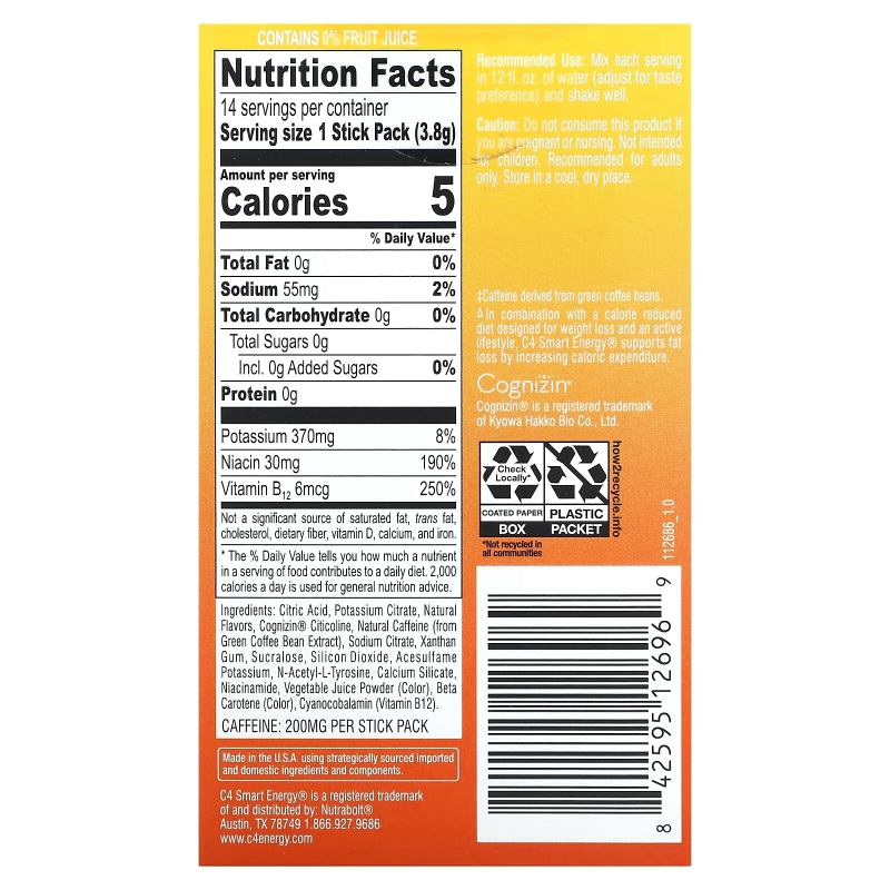 Cellucor, C4 Smart Energy Drink Mix, Peach Mango, 14 Sticks, 0.13 oz (3.8 g) Each