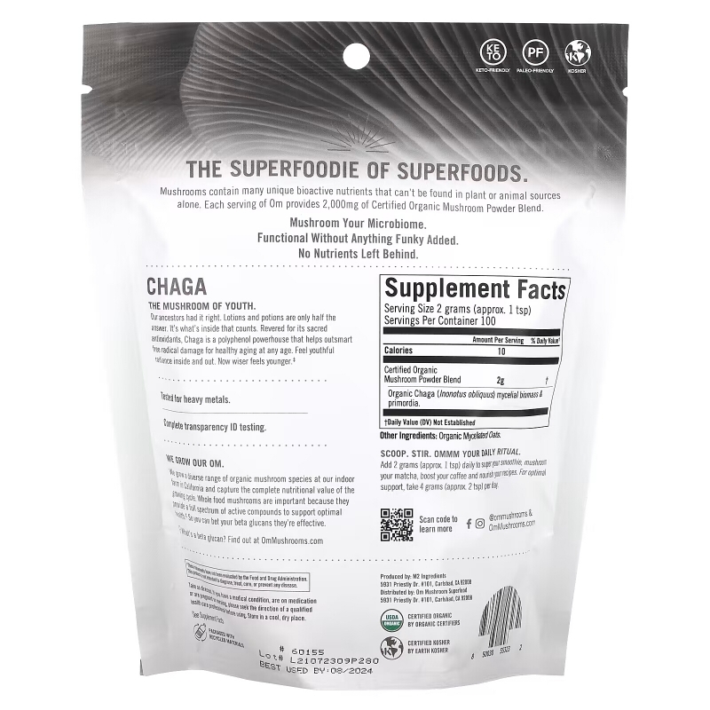 Om Mushrooms, Certified Organic Mushroom Powder, Chaga, 7.05 oz ( 200 g)