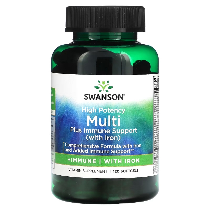 Swanson, Multi plus Immune Support с железом, высокая эффективность, 120 мягких таблеток