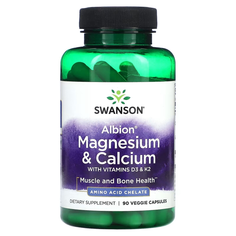 Swanson, Albion, Magnesium & Calcium with Vitamins D3 & K2, 90 Veggie Capsules