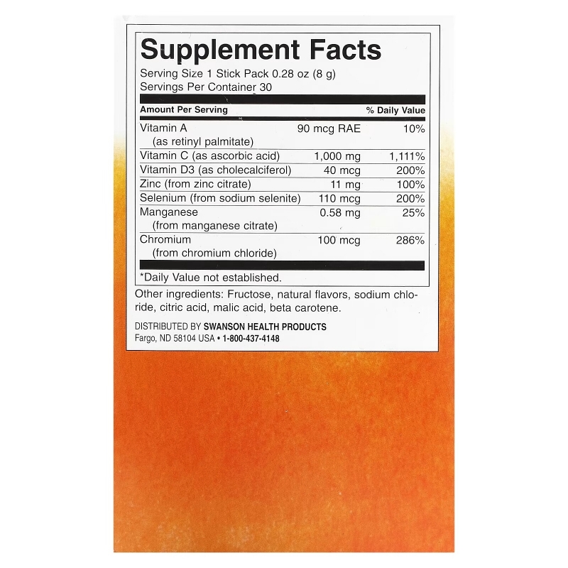Swanson, Immunity Assist with C plus Vitamin D & Zinc, Natural Citrus, 30 Stick Packs, 0.28 oz (8 g) each