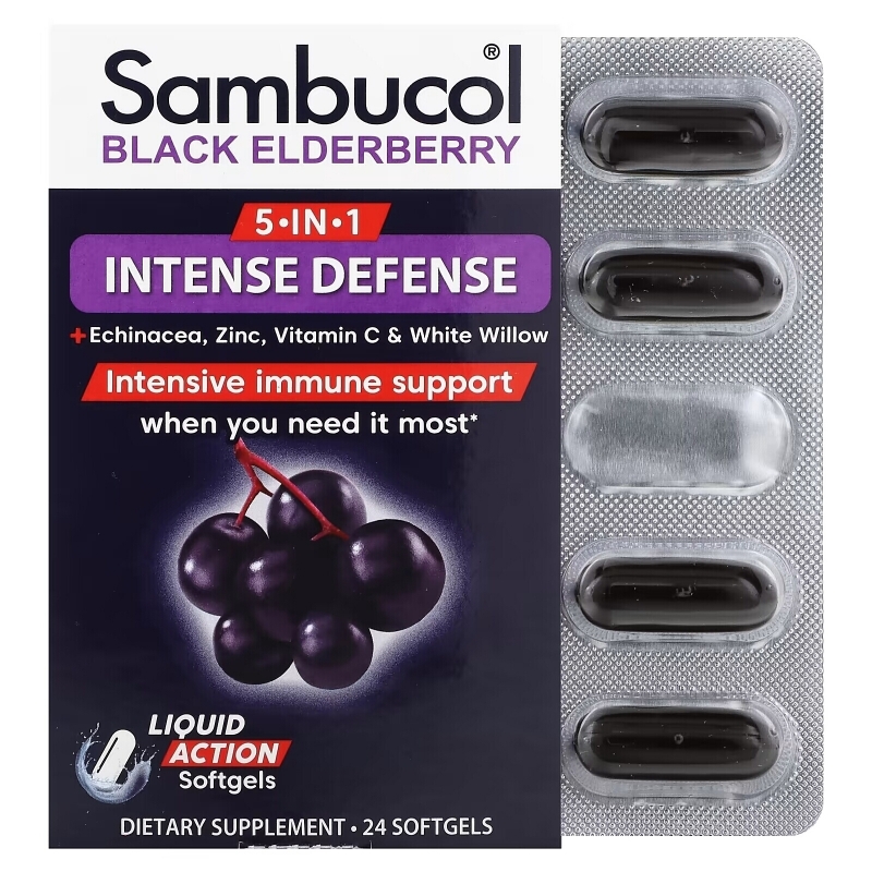 Sambucol, 5-In-1 Intense Defense + Echinacea, Zinc, Vitamin C & White Willow, Black Elderberry, 24 Softgels