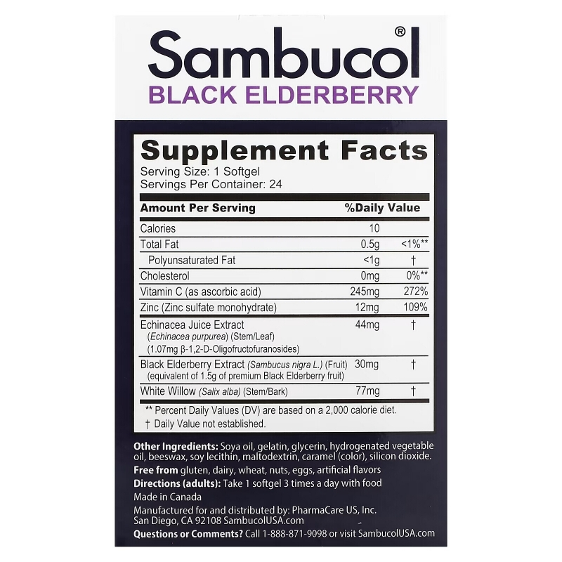 Sambucol, 5-In-1 Intense Defense + Echinacea, Zinc, Vitamin C & White Willow, Black Elderberry, 24 Softgels