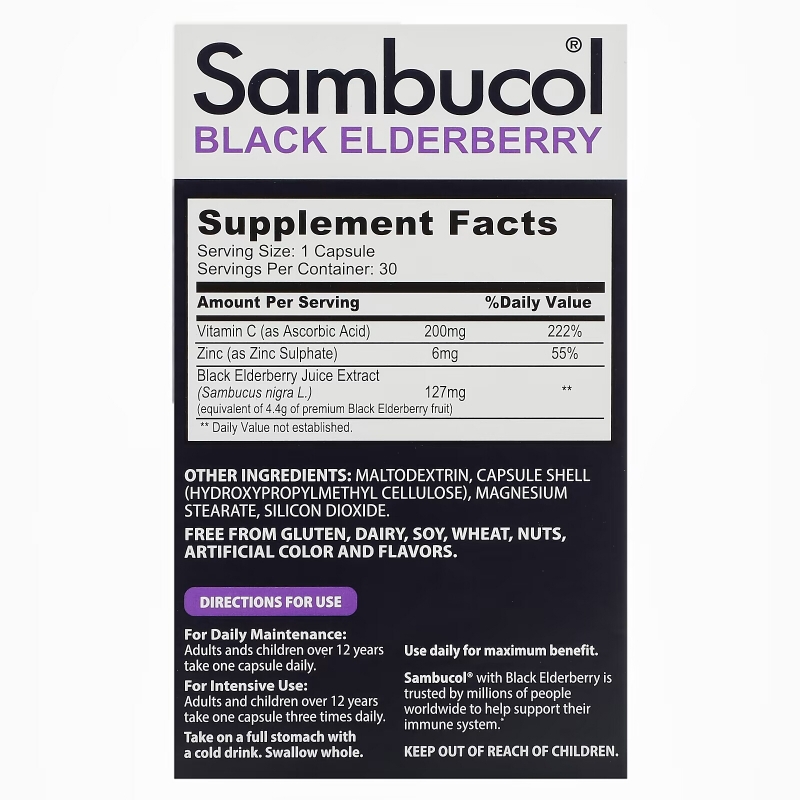 Sambucol, капсулы черной бузины с комплексом Advanced Immune, витамином C и цинком, 30 капсул