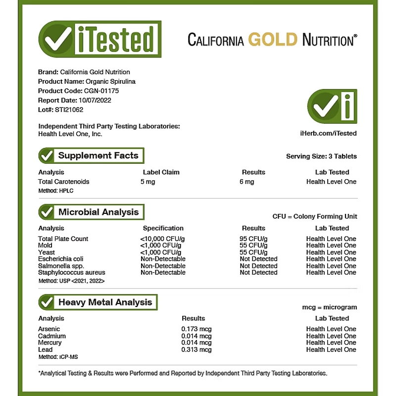 California Gold Nutrition, Органическая спирулина, сертифицирована Министерством сельского хозяйства США, 500 мг, 60 таблеток
