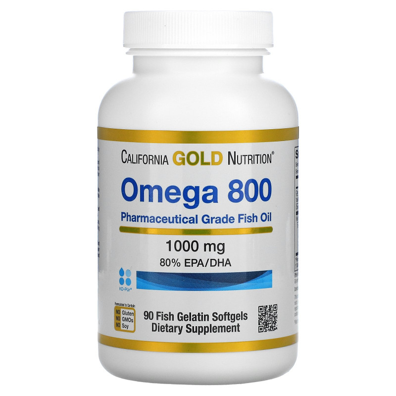 California Gold Nutrition, Омега 800, Рыбий жир фармацевтического класса, 80% EPA / DHA, Триглицеридная форма, Немецкая обработка, Без холестерина, 1000 мг, 90 рыбных желатиновых мягких гелей