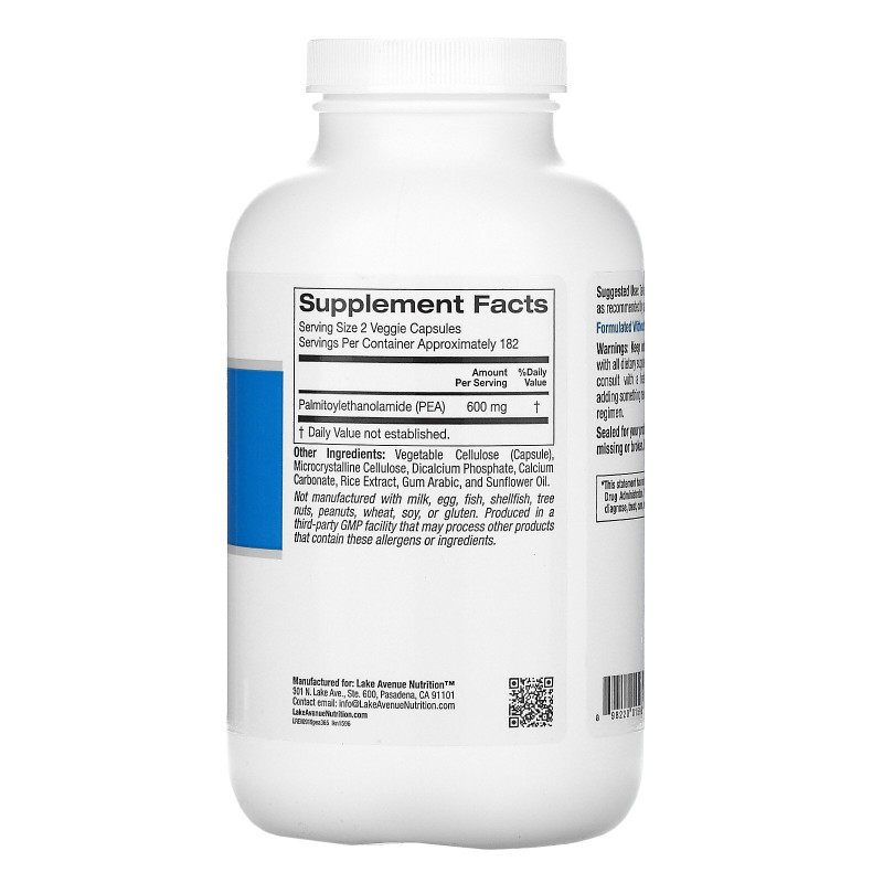 Lake Avenue Nutrition, ПЭА (пальмитоилэтаноламид), 600 мг, 365 растительных капсул