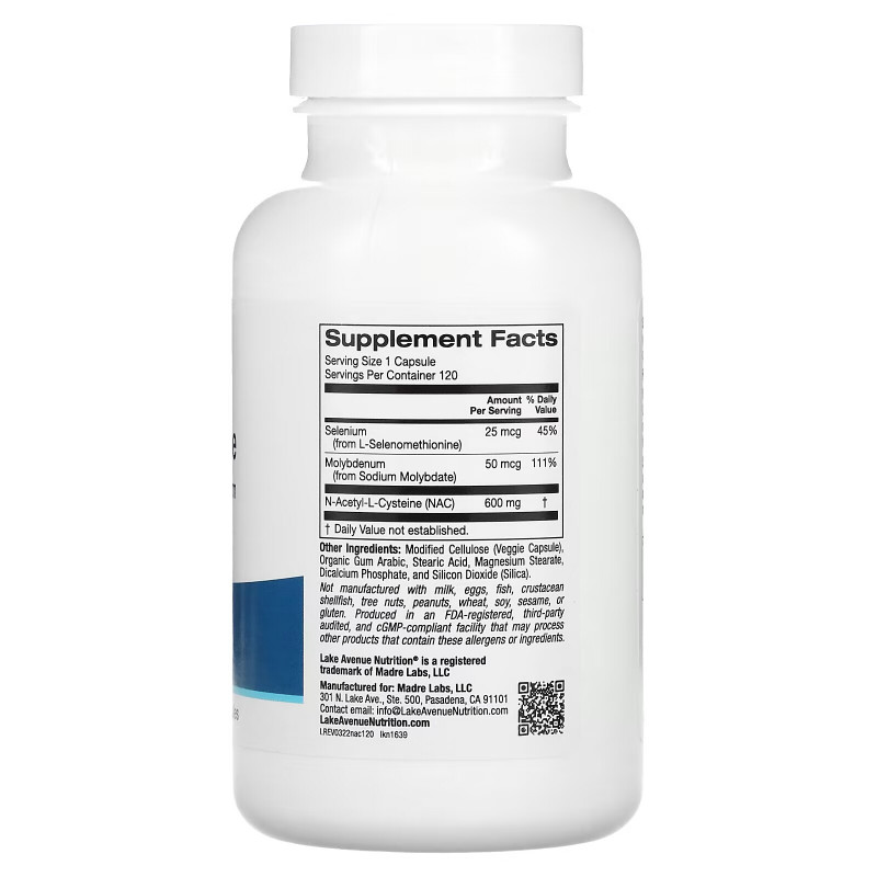 Lake Avenue Nutrition, N-A-C, N-Acetyl Cysteine with Selenium & Molybdenum, 600 mg, 120 Veggie Capsules