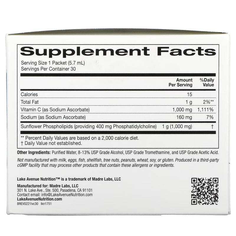 Lake Avenue Nutrition, Liposomal Vitamin C , 1,000 mg , 30 Packets, 0.2 oz (5.7 ml) Each
