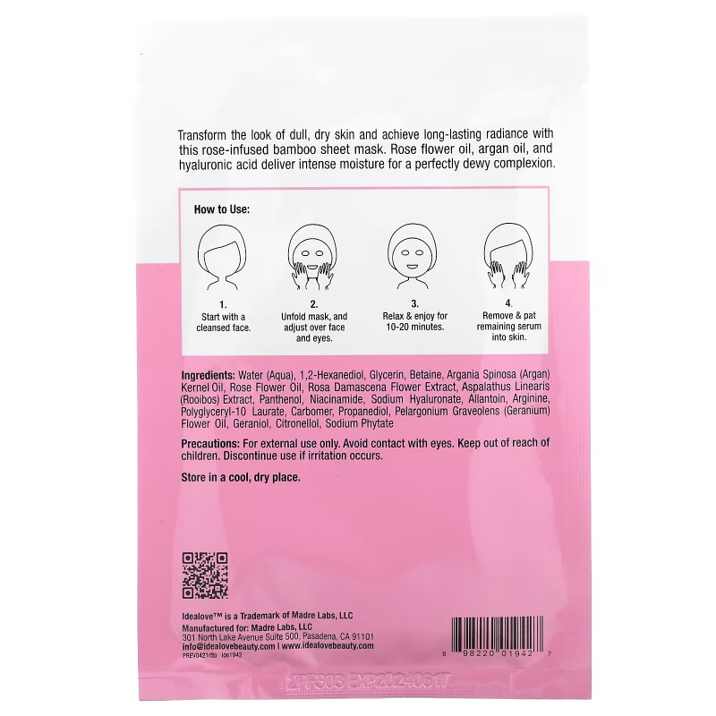 Idealove, Rose to the Occasion, тканевая косметическая маска с розовым маслом, 1 шт., 25 мл (0,85 жидк. унции)