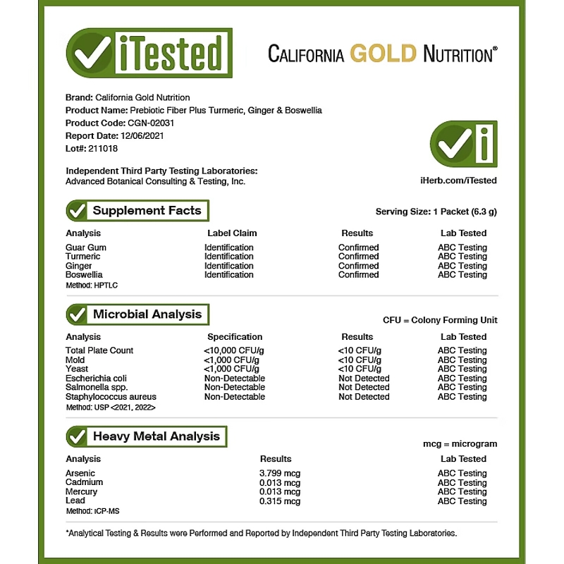California Gold Nutrition, пребиотическая клетчатка с куркумой, имбирем и босвеллией, 3 пакетика по 6,3 г (0,22 унции) каждый