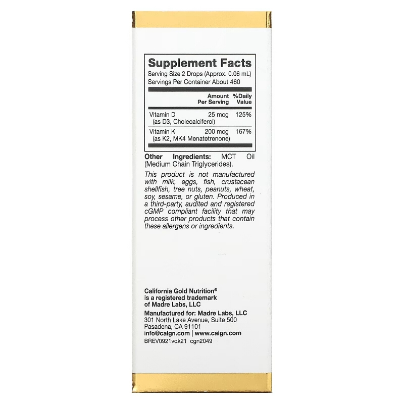 California Gold Nutrition, Vitamin D3 + K2, 25 mcg (1,000 IU), 1 fl oz (30 ml)