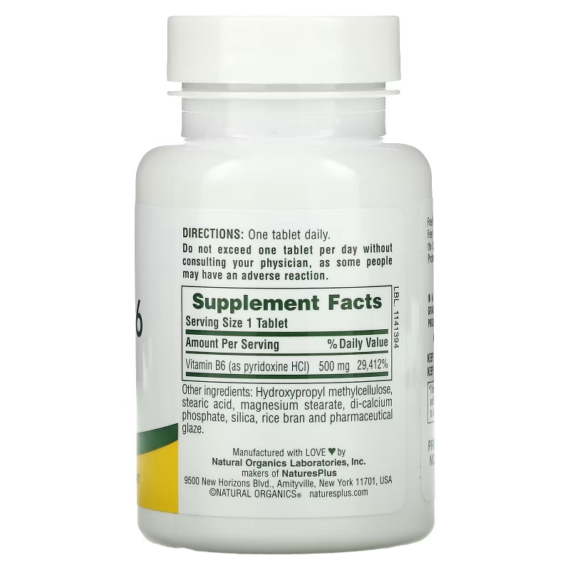 NaturesPlus, витамин B6, длительное высвобождение, 500 мкг, 60 таблеток