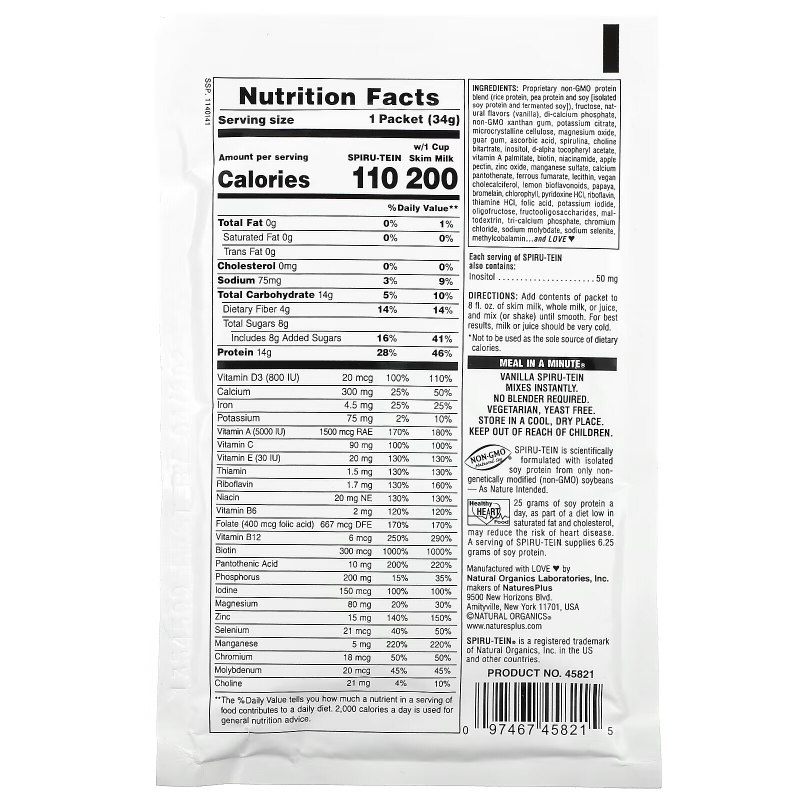 NaturesPlus, Spiru-Tein, High Protein Energy Meal, Vanilla, 8 Packets, 1.2 oz (34 g) Each